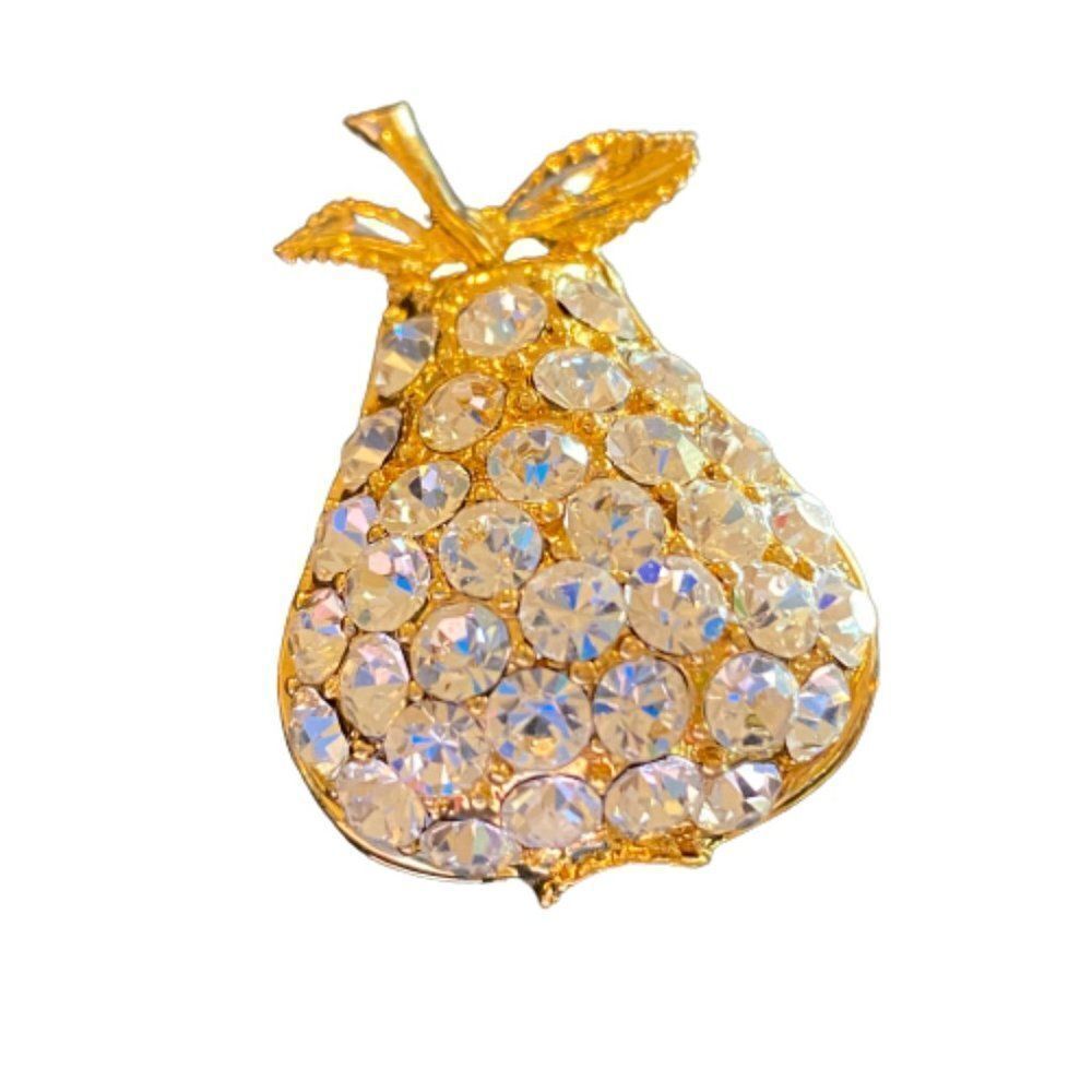 Eisenberg Ice Gold Tone White Rhinestone Covered Pear Fruit Brooch / Pin